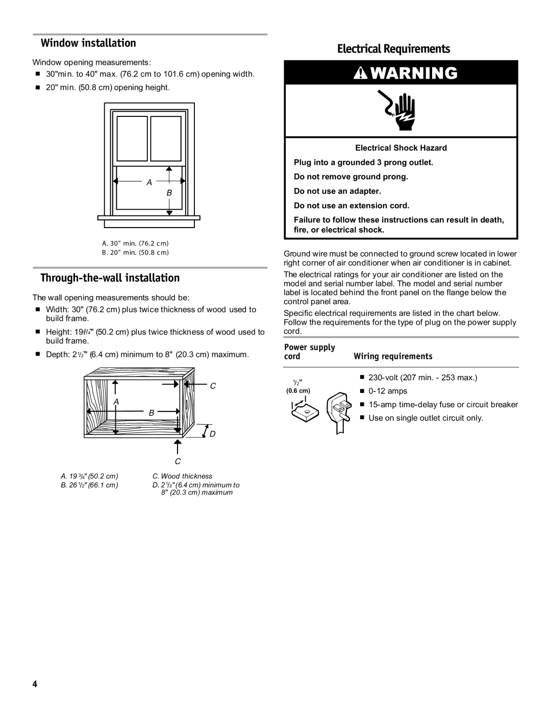 Friedrich CP18C30 manual Electrical Requirements, Window installation, Through-the-wall installation, Power supply Cord 