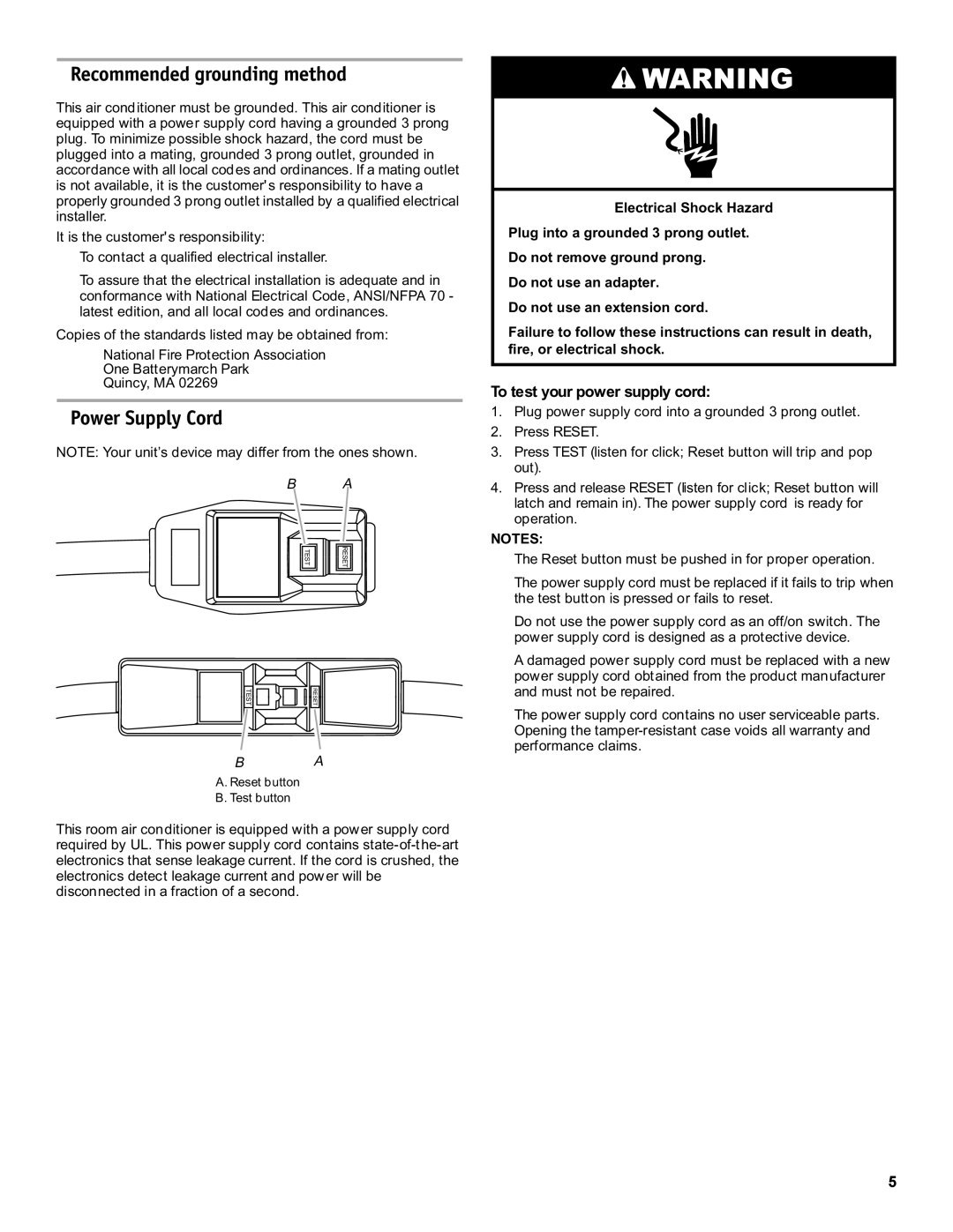 Friedrich CP18C30 manual Recommended grounding method, Power Supply Cord 