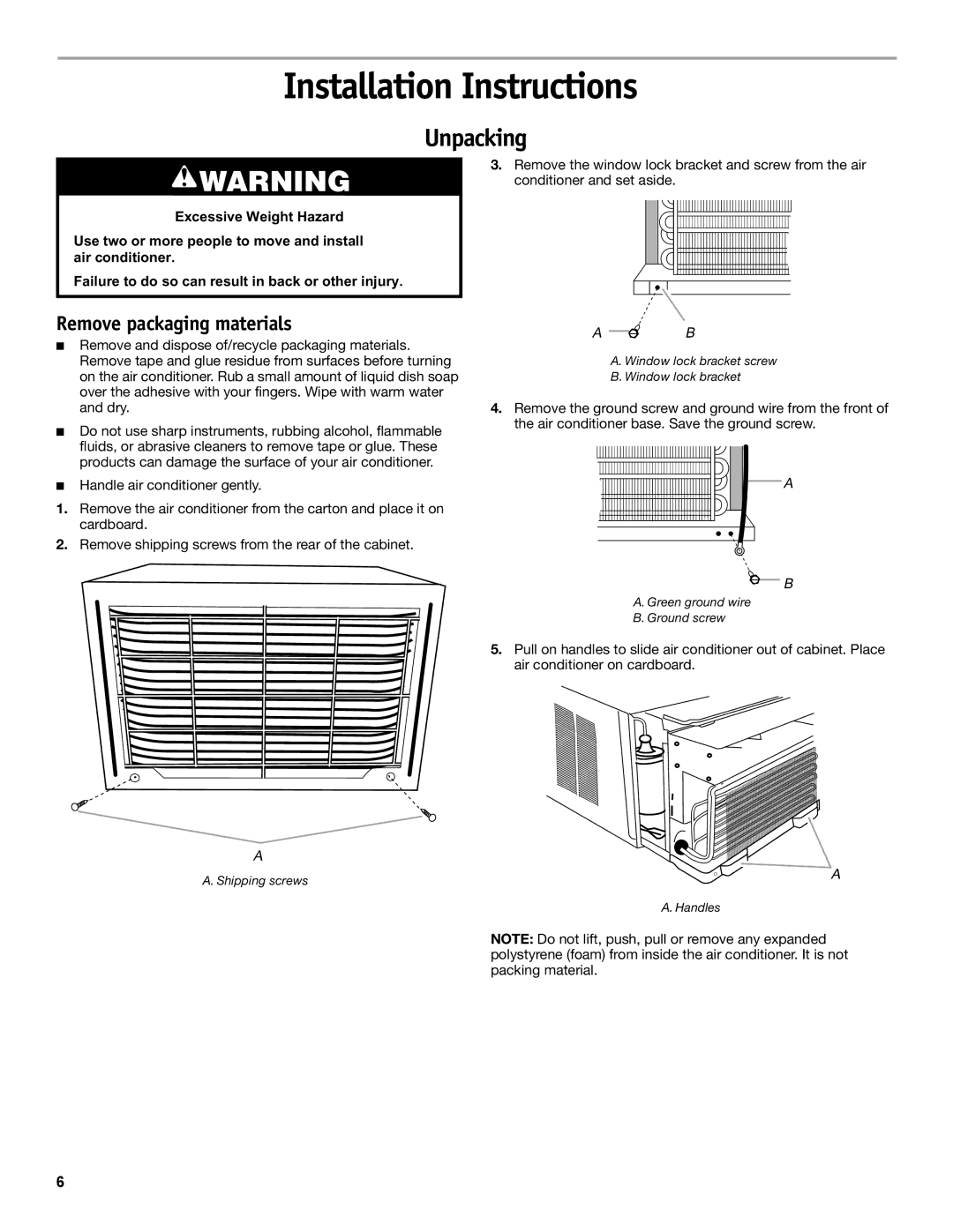 Friedrich CP18C30 manual Installation Instructions, Remove packaging materials 