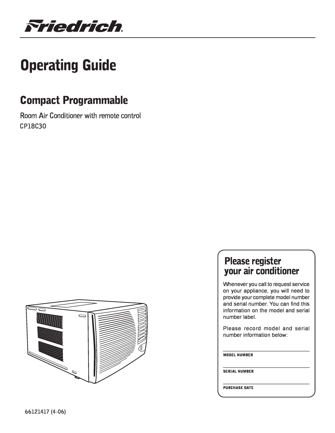 Friedrich CP18C30 manual Compact Programmable, Room Air Conditioner with remote control, 66121417, Operating Guide 