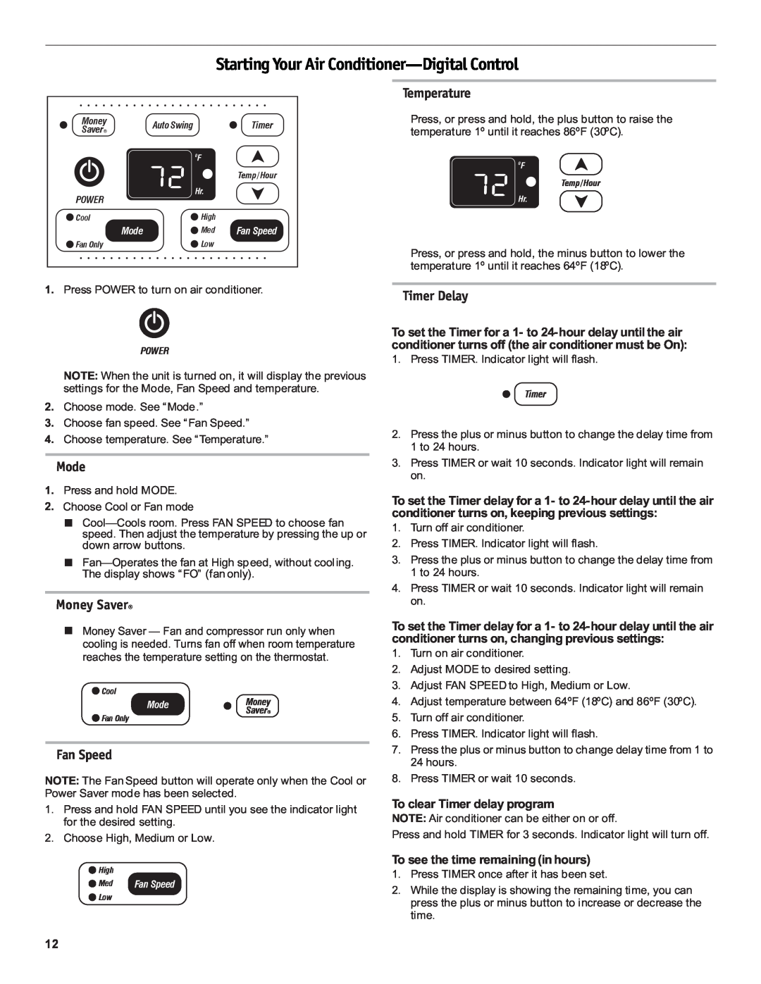 Friedrich CP18C30 Starting Your Air Conditioner-DigitalControl, Temperature, Timer Delay, Mode, Money Saver, Fan Speed 