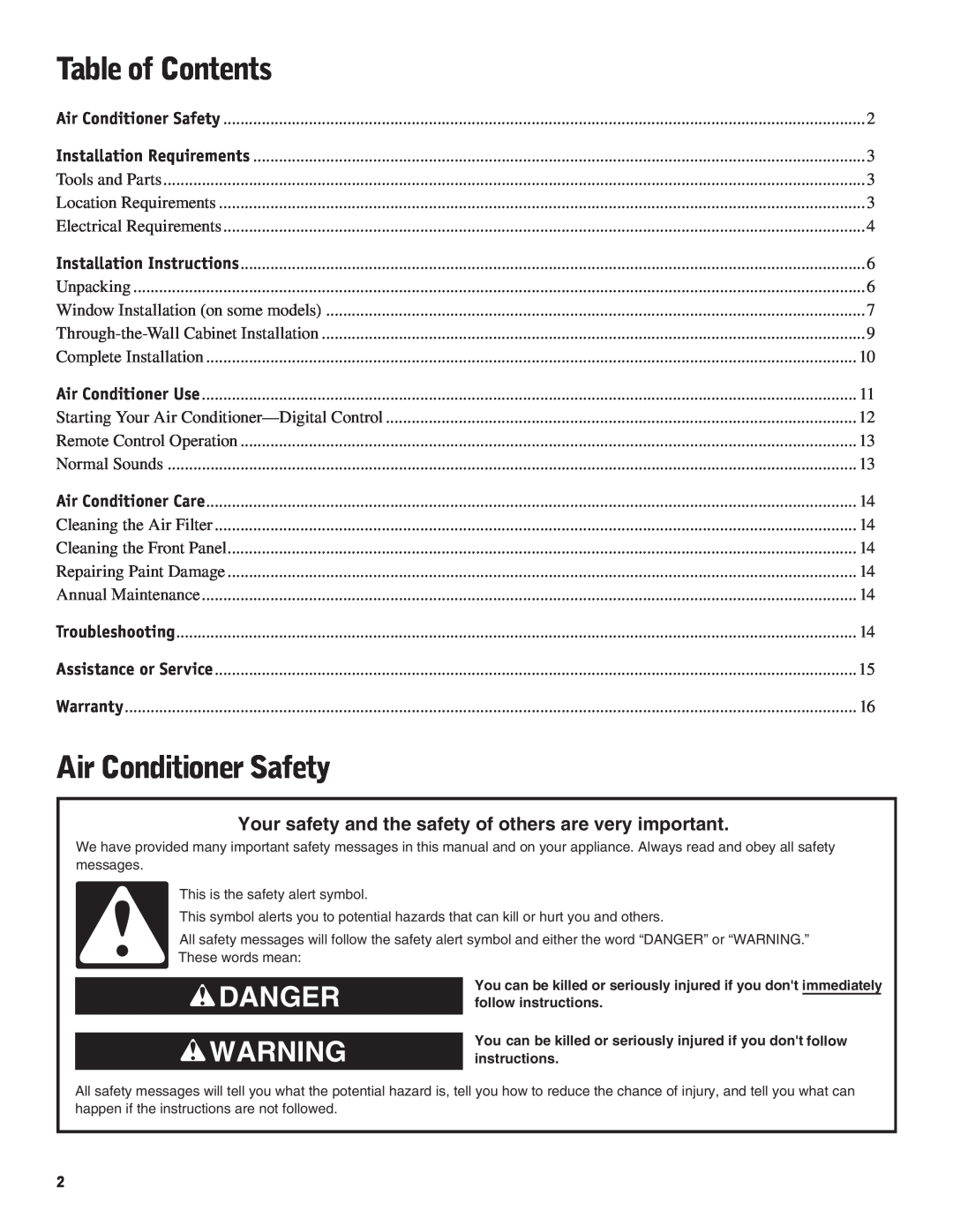 Friedrich CP18C30 manual Table of Contents, Air Conditioner Safety, Danger Warning 