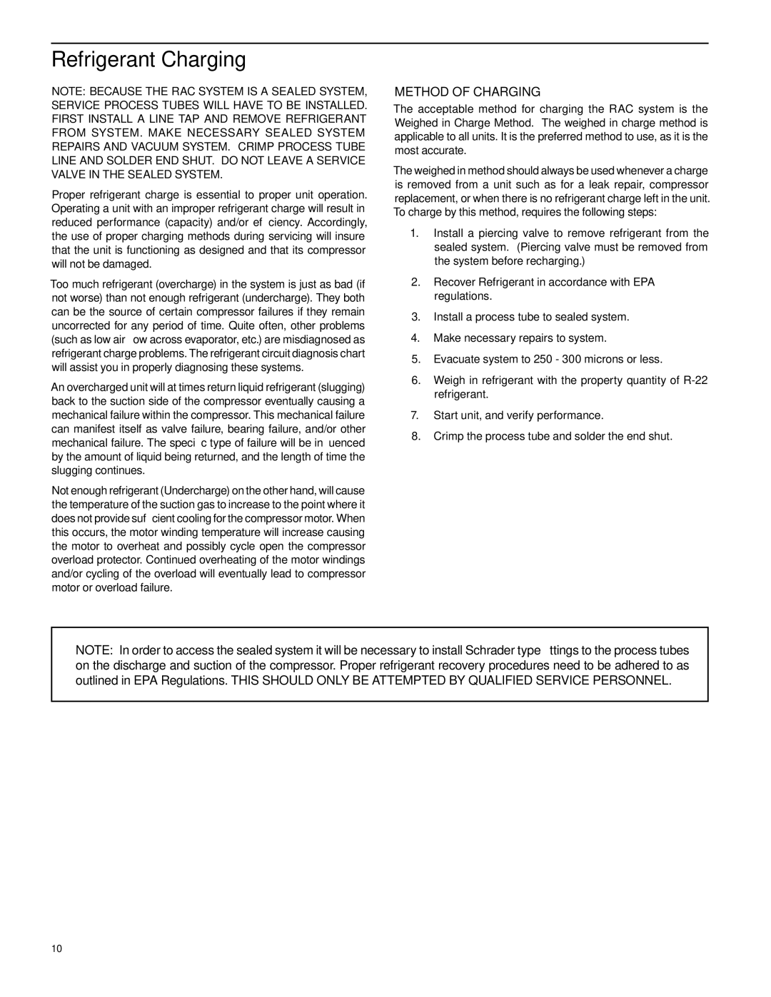 Friedrich CP24N30, CP18N30, CP14N10 manual Refrigerant Charging, Method of Charging 