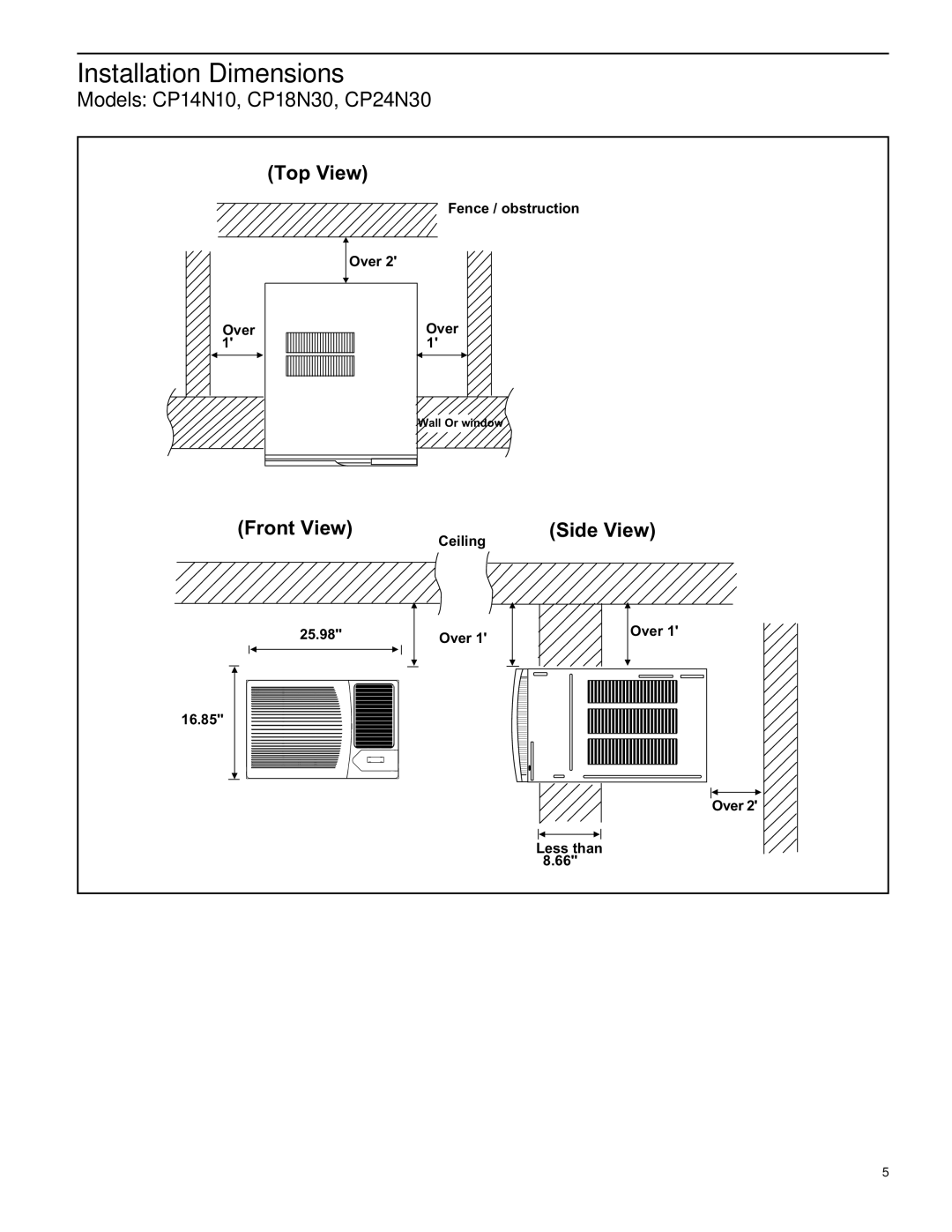 Friedrich CP14N10, CP18N30, CP24N30 manual Installation Dimensions 