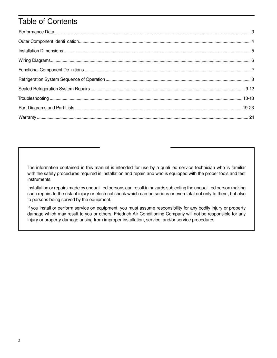 Friedrich CP14N10, CP18N30, CP24N30 manual Table of Contents 