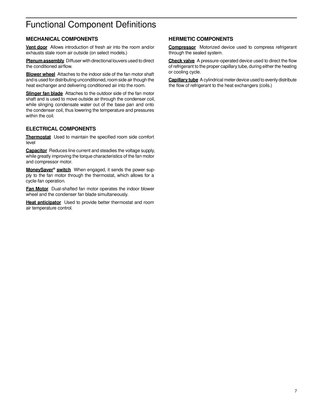 Friedrich CP24N30, CP18N30, CP14N10 manual Functional Component Deﬁnitions, Mechanical Components 