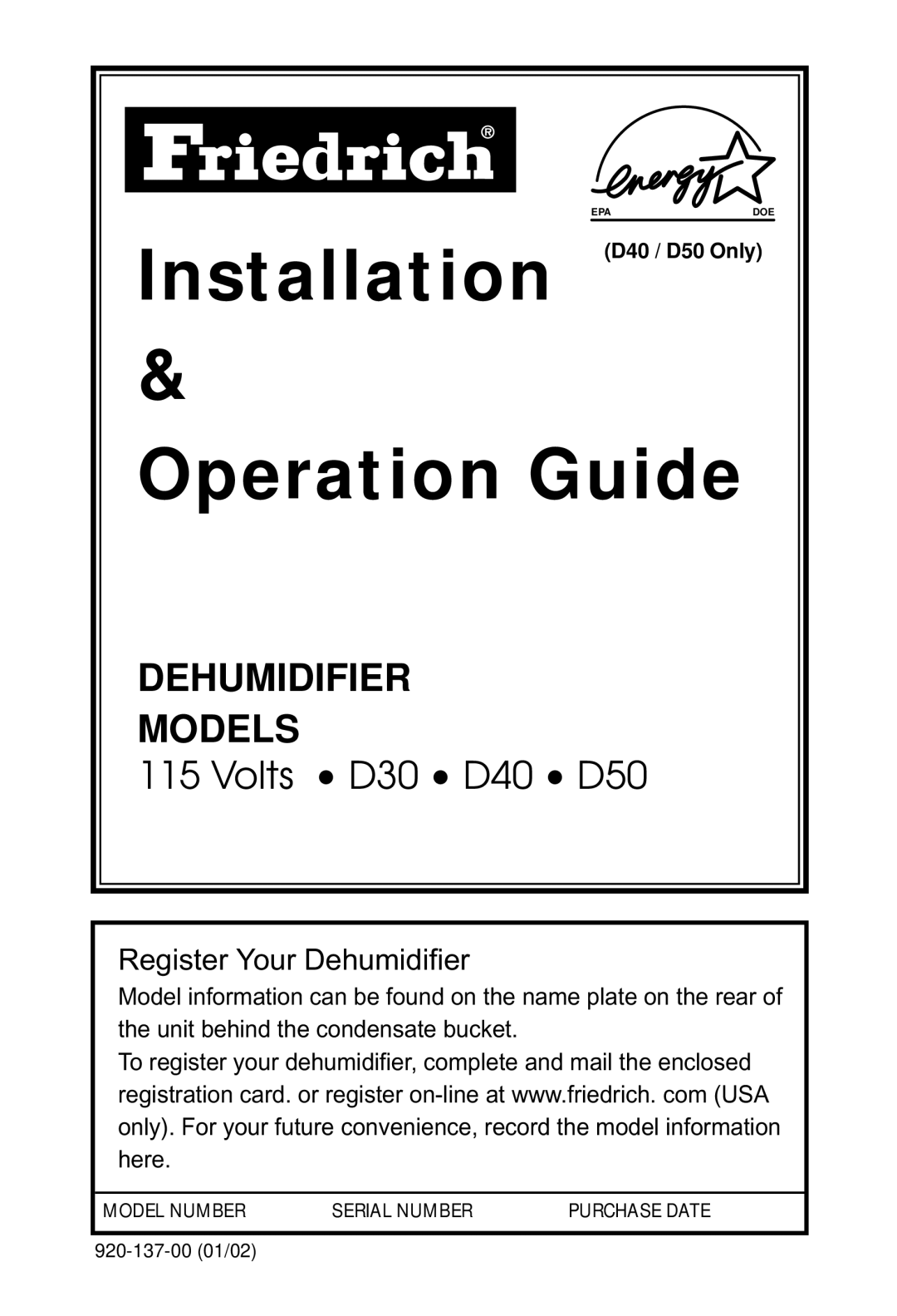 Friedrich D30 manual Operation Guide, Installation D40 / D50 Only 