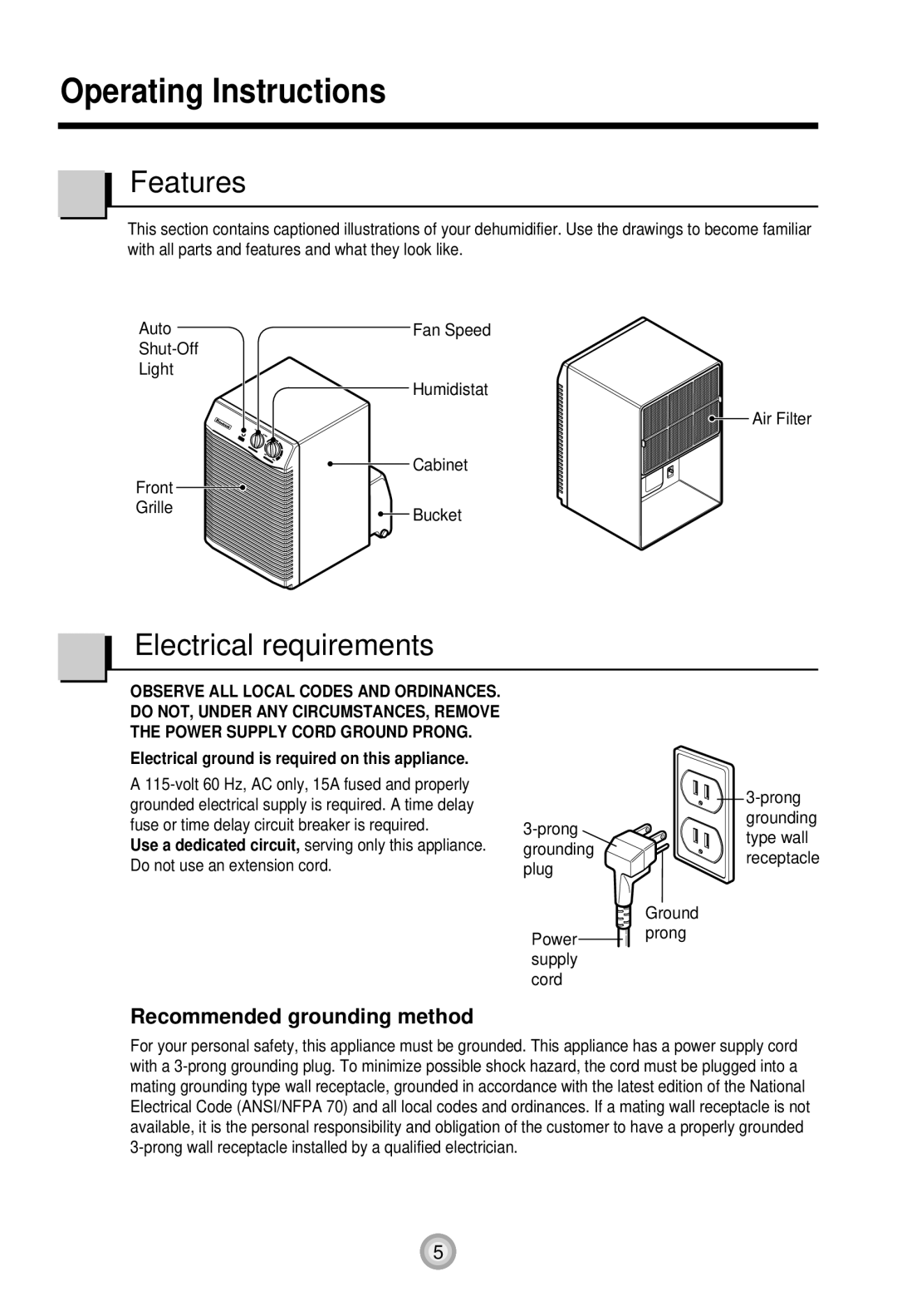 Friedrich D30, D50, D40 manual Operating Instructions, Features, Electrical requirements, Recommended grounding method 