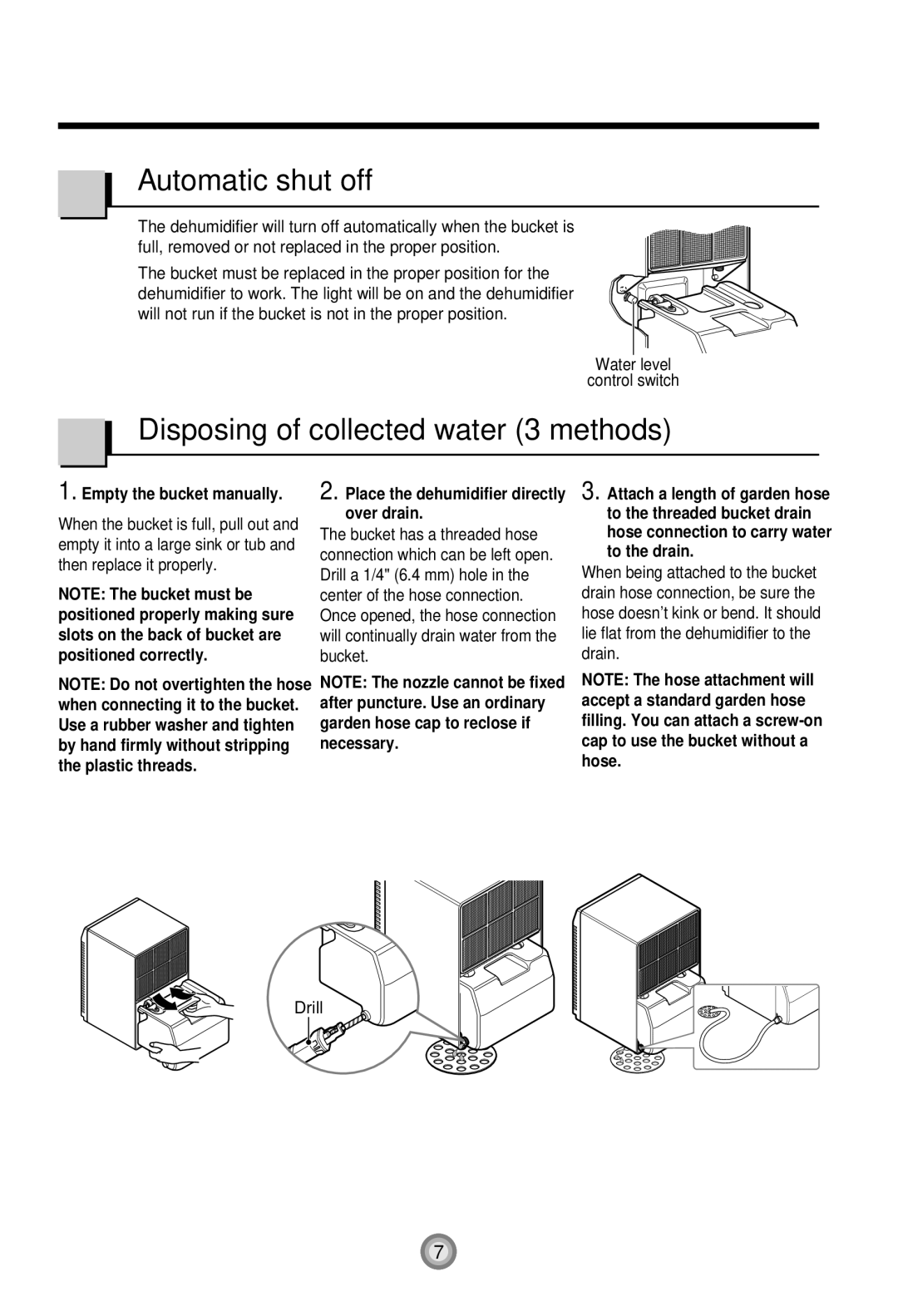 Friedrich D40, D50, D30 manual Automatic shut off, Disposing of collected water 3 methods, Water level Control switch 