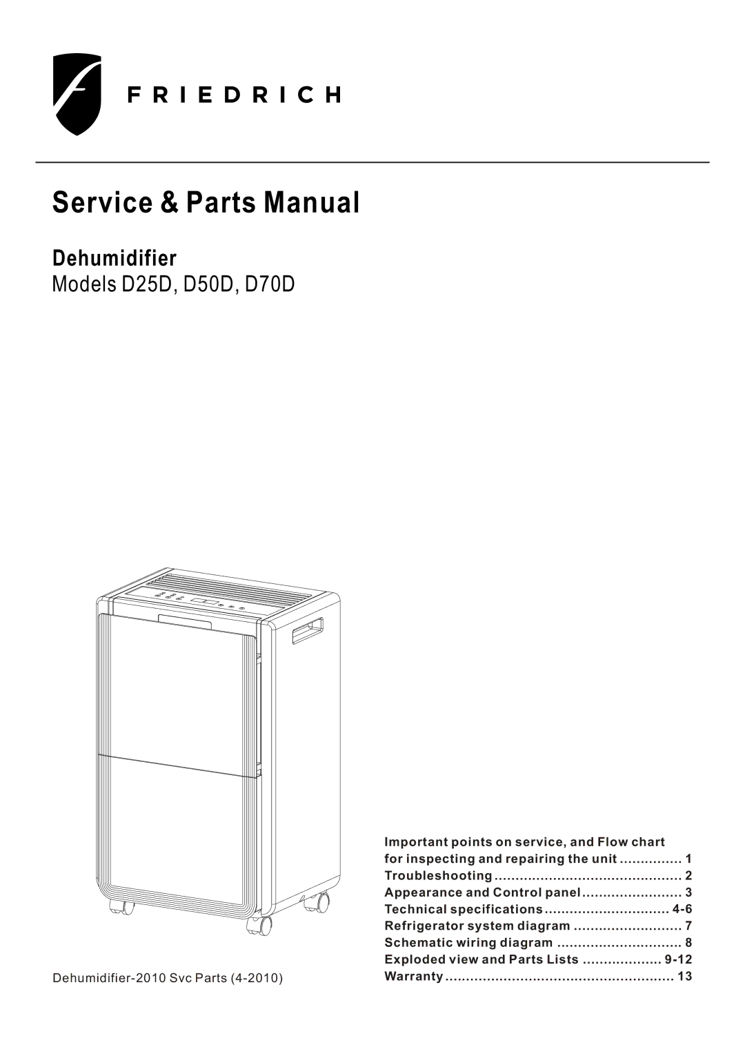 Friedrich Dehumidifier, D525, D70D, D50D technical specifications Service & Parts Manual 