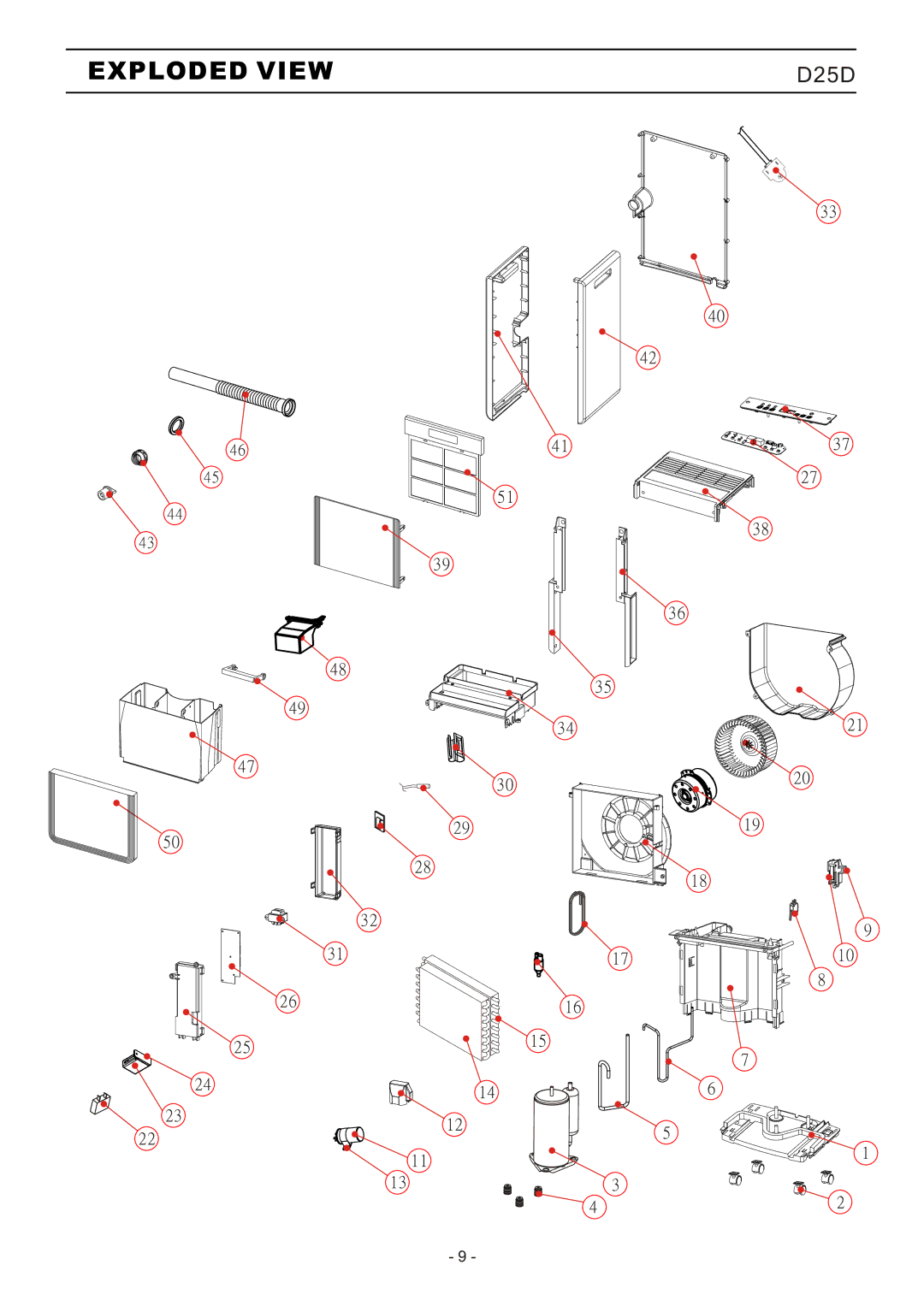 Friedrich D70D, D525, Dehumidifier, D50D technical specifications Exploded View 