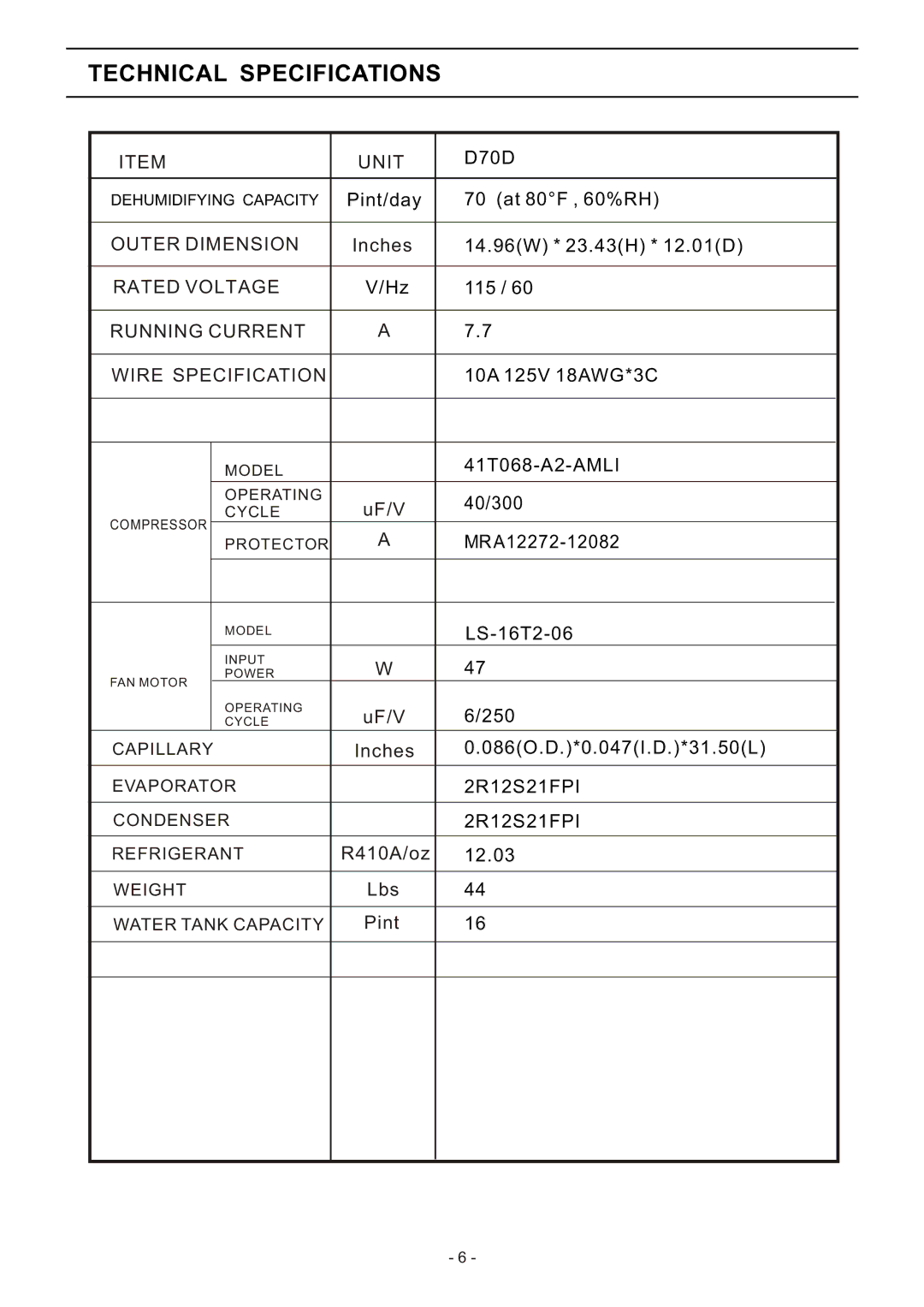 Friedrich D50D, D525, Dehumidifier technical specifications D70D 