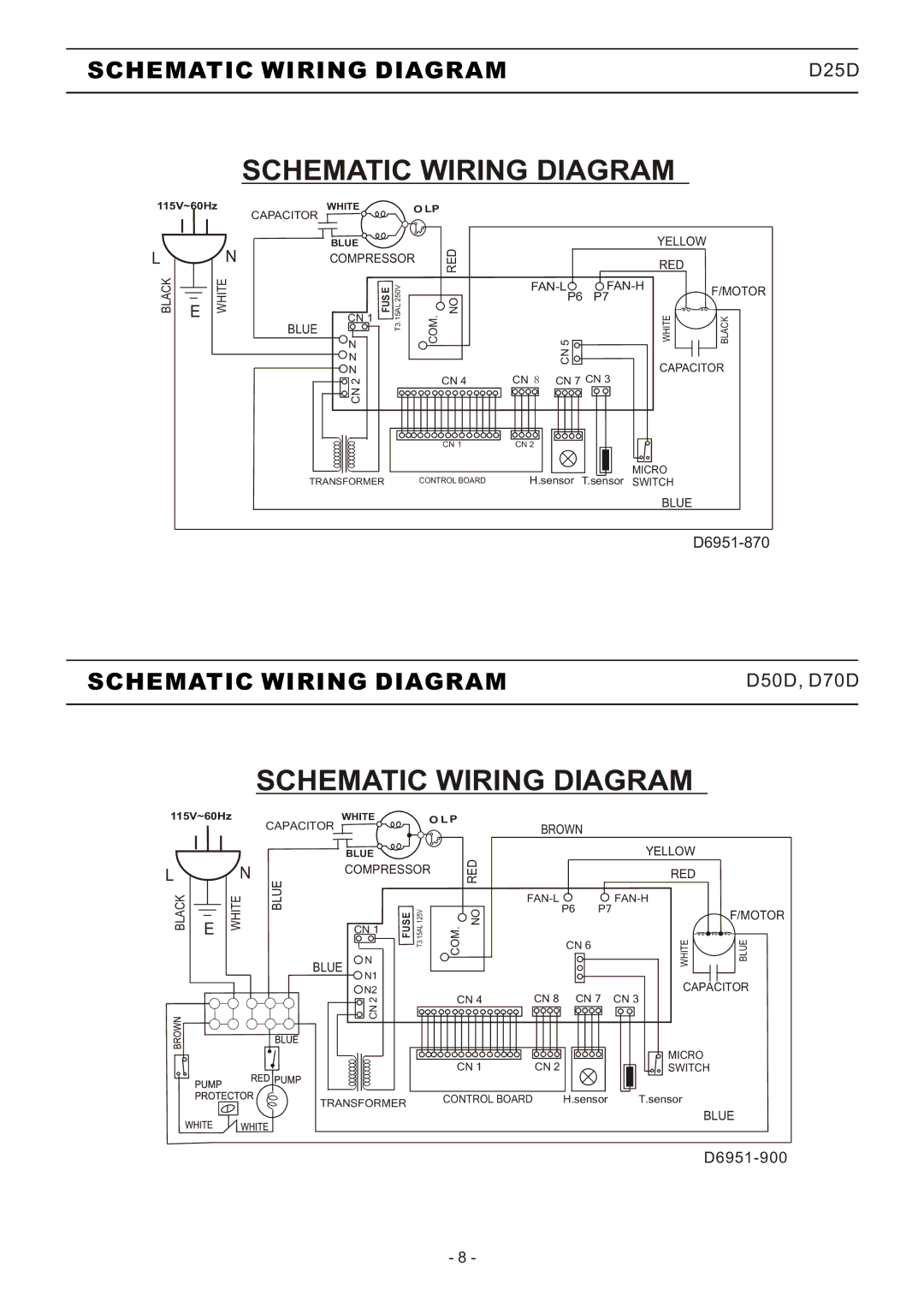 Friedrich Dehumidifier, D525, D70D, D50D technical specifications Schematic Wiring Diagram 