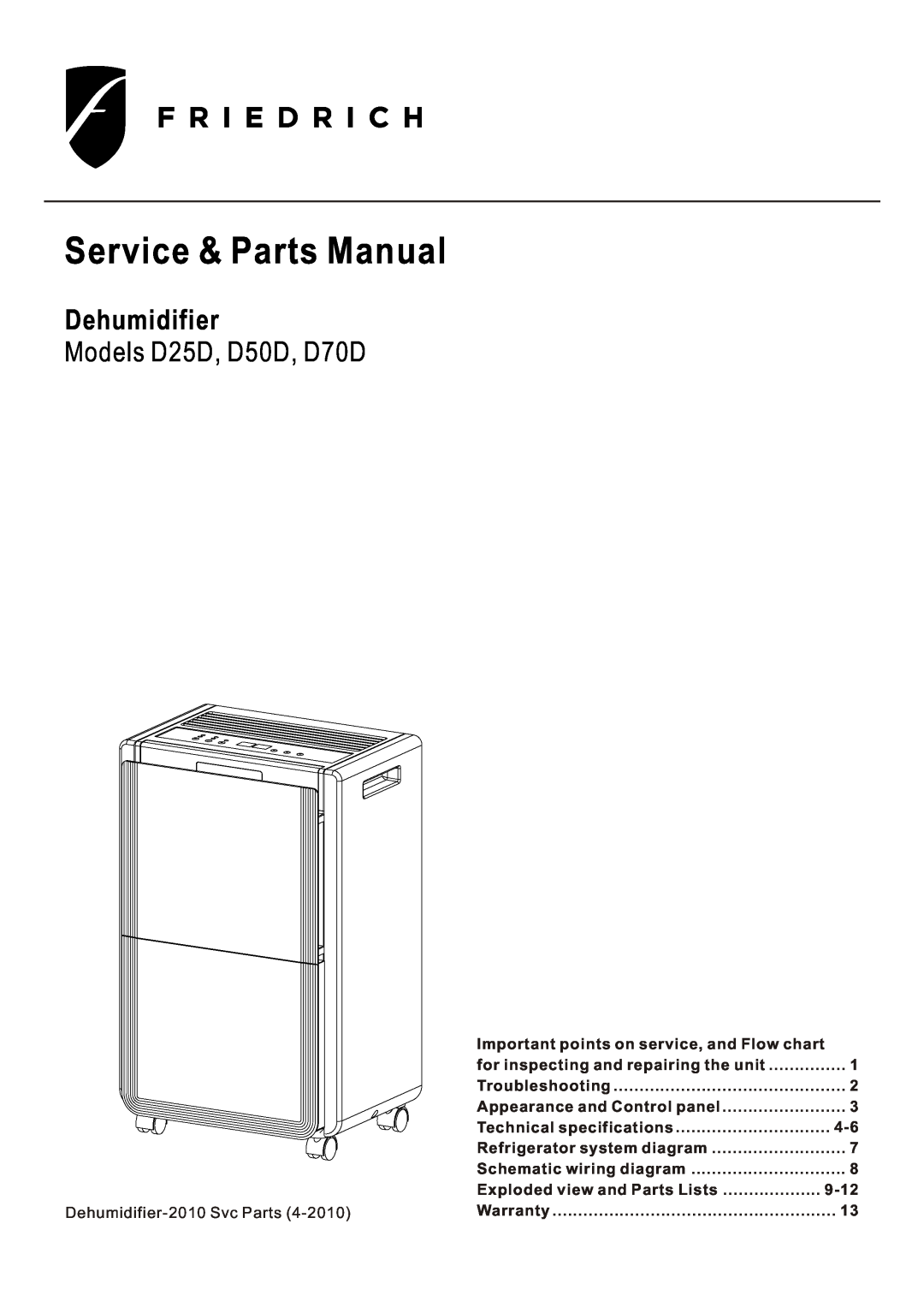 Friedrich Dehumidifier, D525 technical specifications Service & Parts Manual, Models D25D, D50D, D70D 