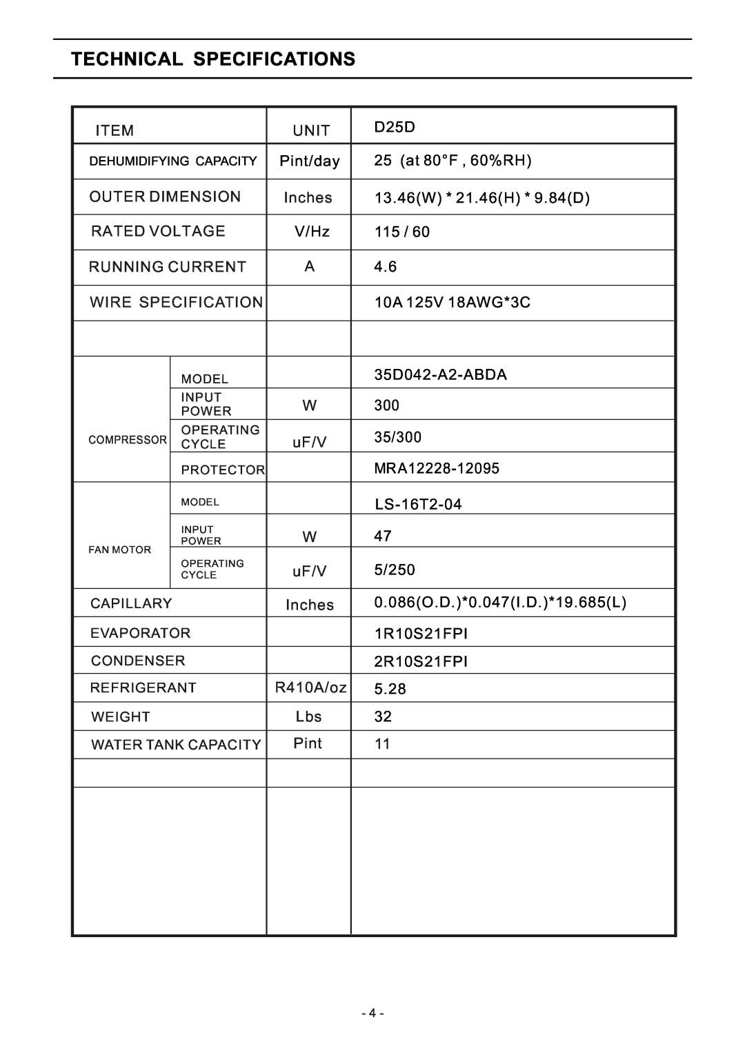 Friedrich Dehumidifier Technical Specifications, Wire Specification, Unit, Outer Dimension, Inches, Rated Voltage, uF/V 