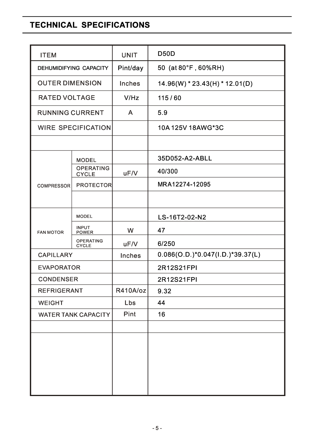 Friedrich D70D Technical Specifications, Unit, Outer Dimension, Inches, Rated Voltage, Running Current, Wire Specification 