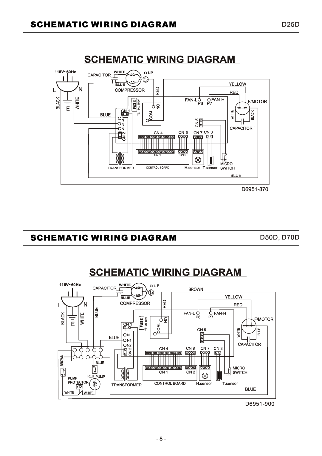 Friedrich Dehumidifier Schematic Wiring Diagram, D25D, D50D, D70D, Brown, Yellow, Compressor, Blue, Fan-L, Fan-H, Micro 