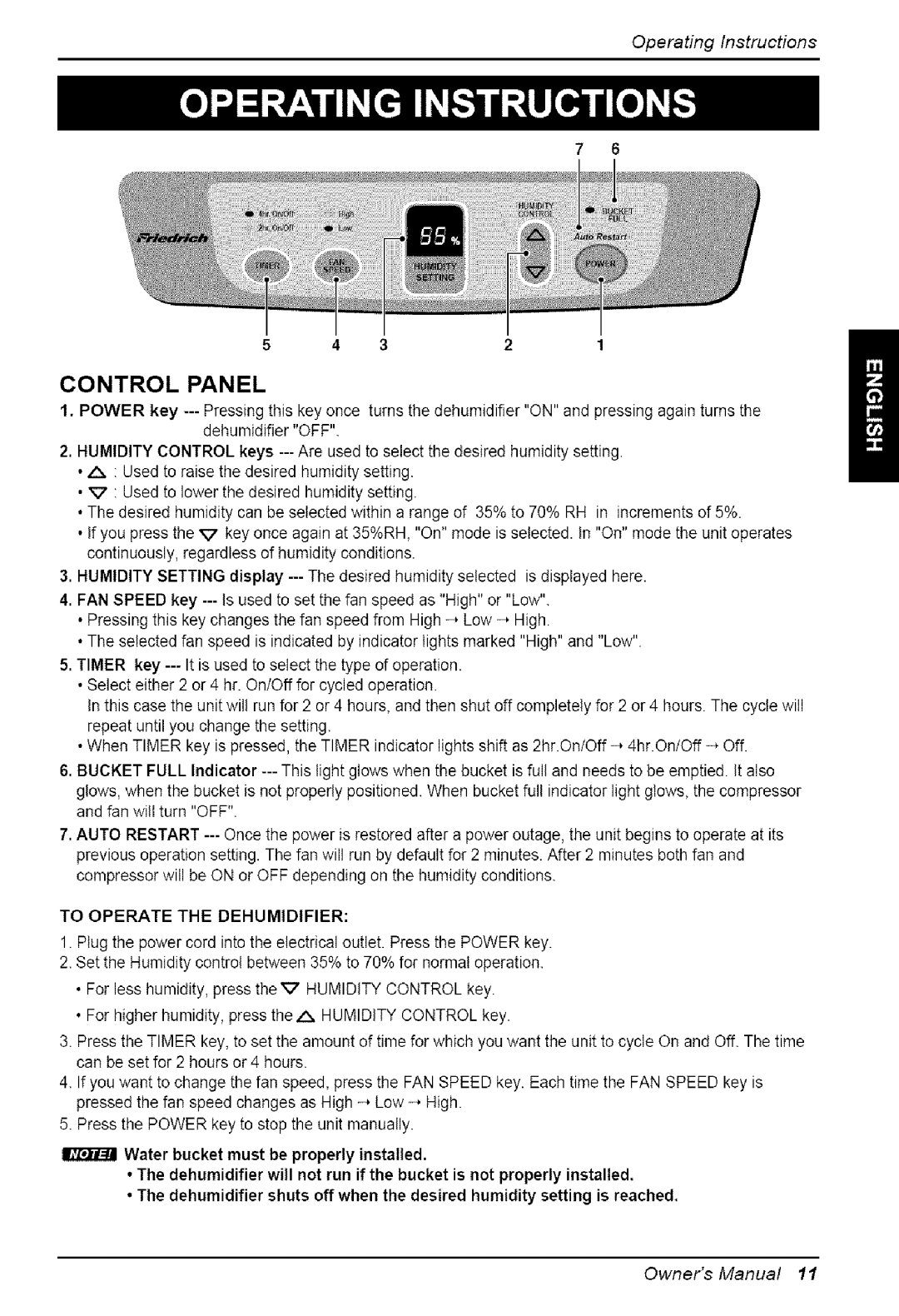 Friedrich D50C, D65C, D30C, D40C manual OperatingInstructions, Water bucket must be properly installed 