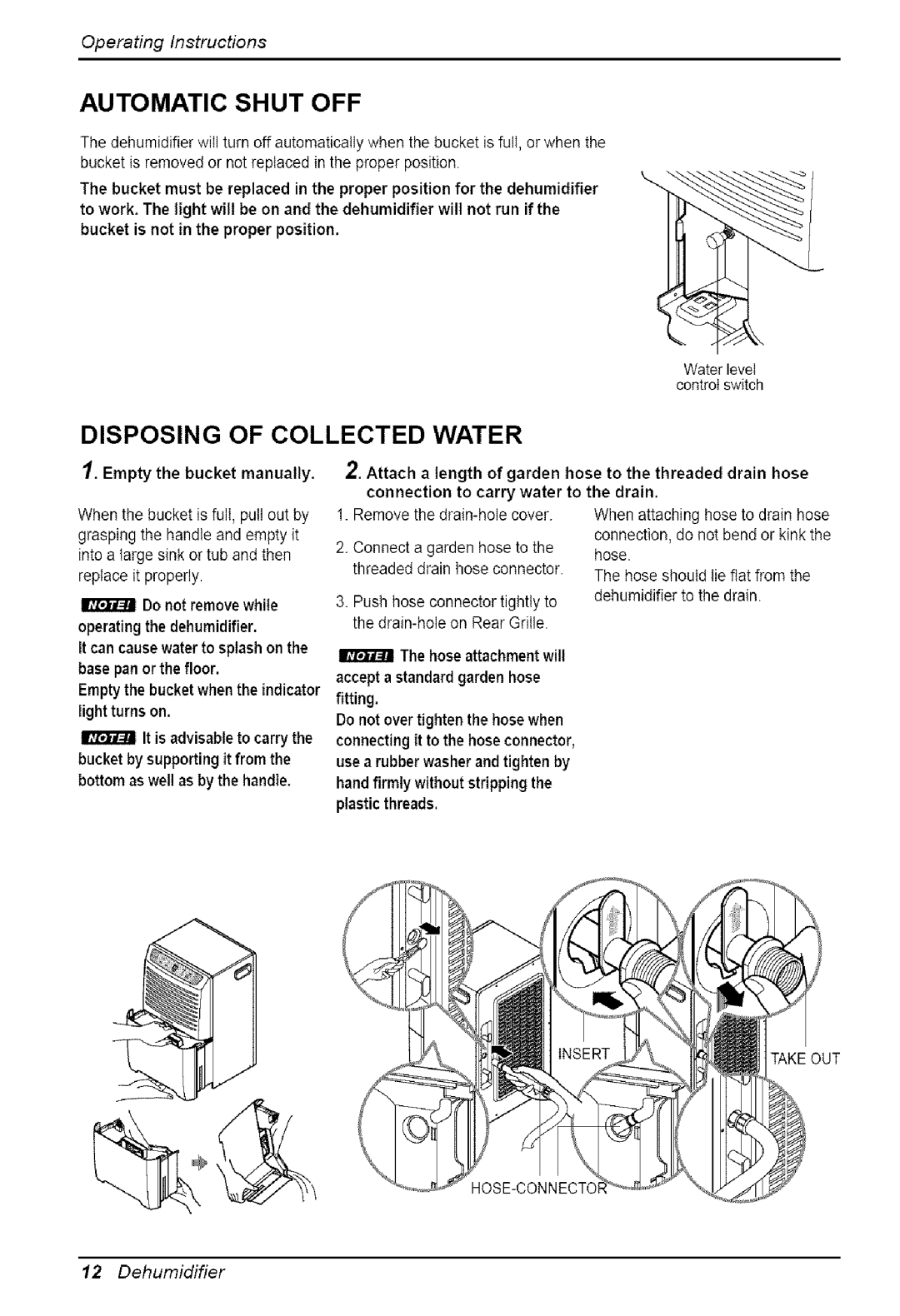 Friedrich D65C, D30C, D40C, D50C Automatic Shut Off, Disposing Of Collected Water, Operating Instructions, 12Dehumidifier 
