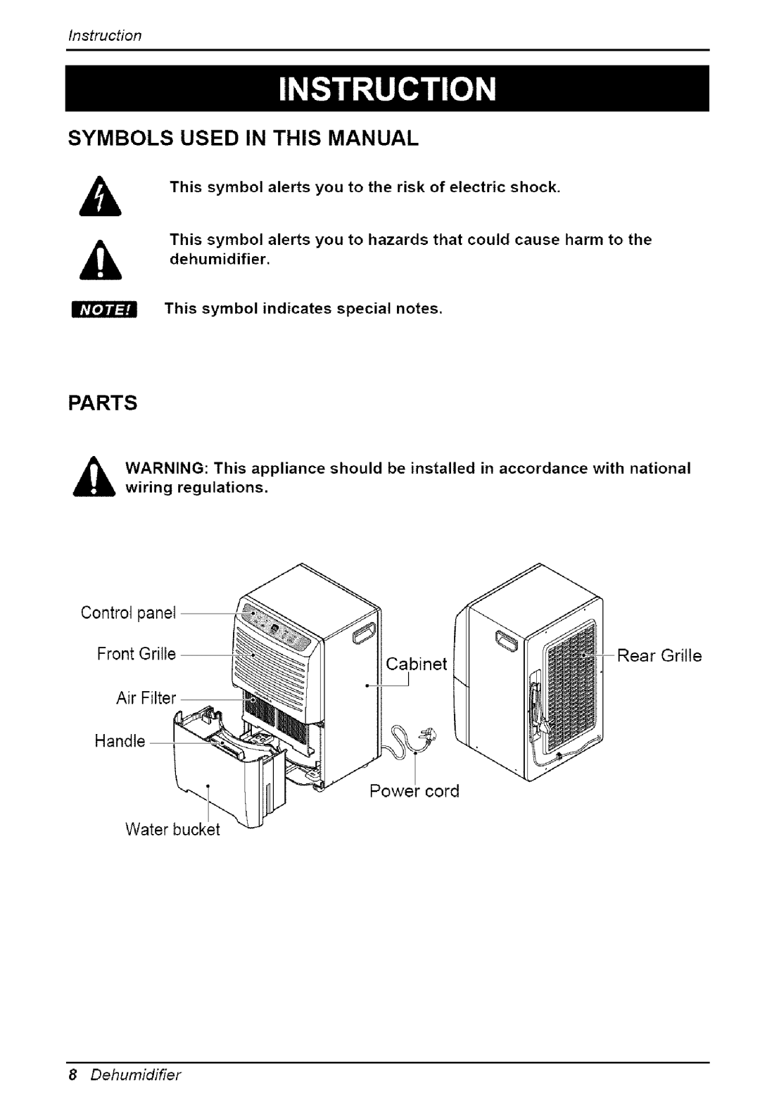 Friedrich D65C Symbols Used In This Manual, Parts, Control panel Front Grille Air Filter Handle, Cabinet, Instruction 