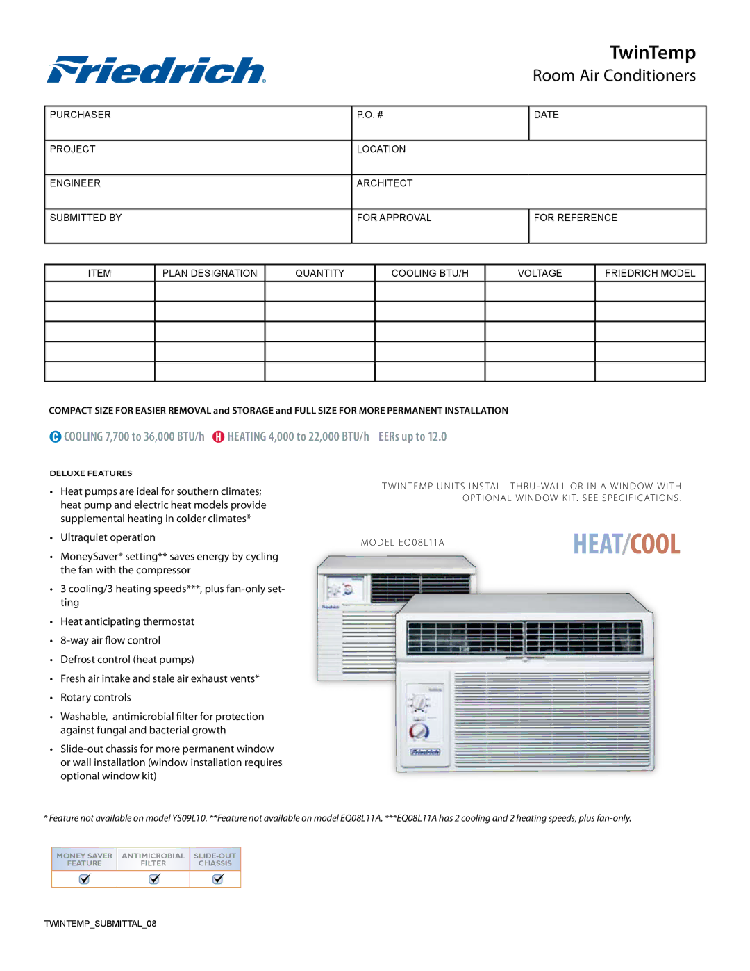 Friedrich EQ08L11A specifications Heat/Cool 