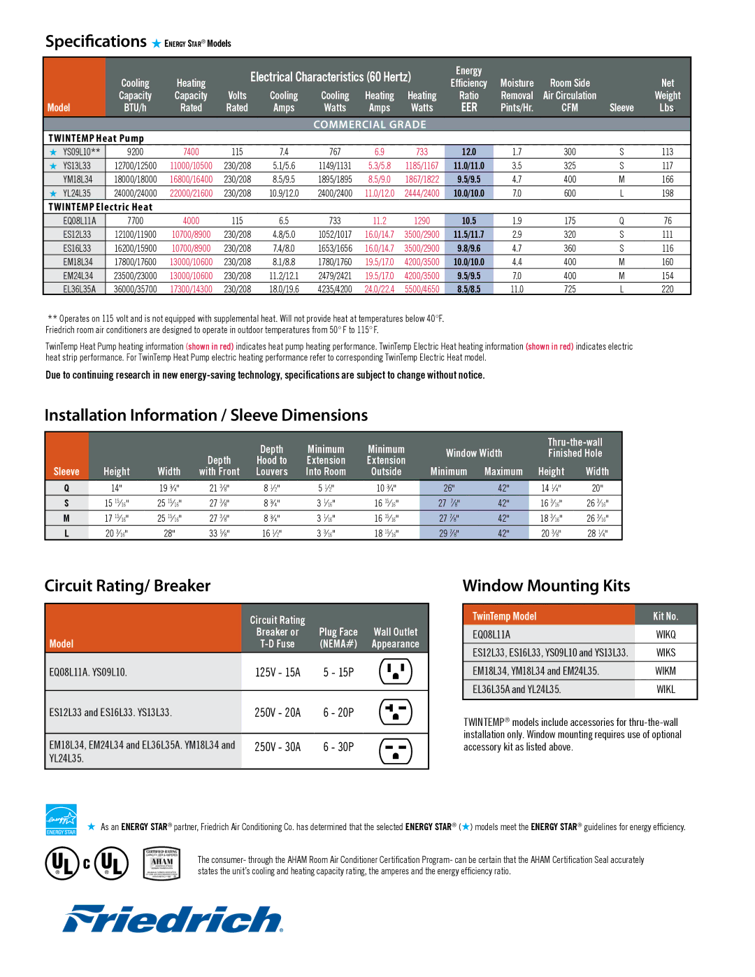 Friedrich EQ08L11A Specifications  Energy Star Models, Installation Information / Sleeve Dimensions, Window Mounting Kits 