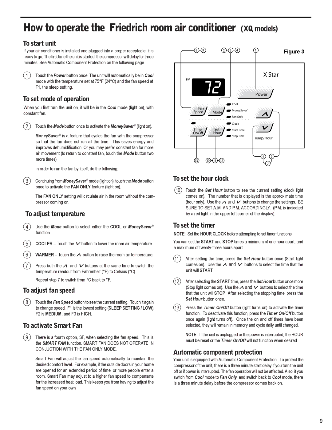 Friedrich EQ08M11, XQ06M10, XQ05M10, XQ10M10, XQ08M10 How to operate the Friedrich room air conditioner XQ models 