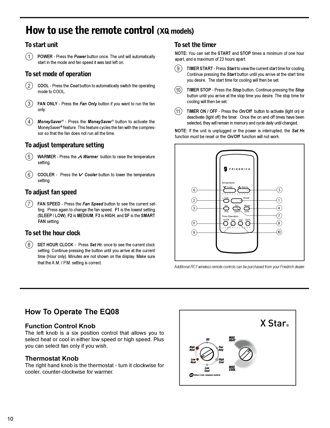 Friedrich XQ06M10, EQ08M11, XQ05M10, XQ10M10, XQ08M10 service manual How to use the remote control XQ models 