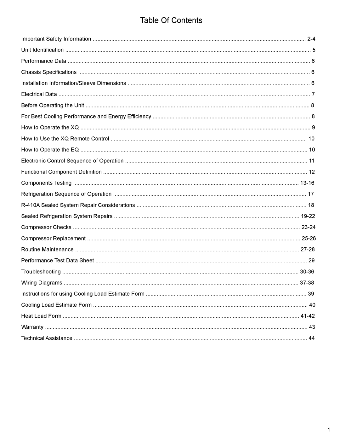 Friedrich XQ05M10, EQ08M11, XQ06M10, XQ10M10, XQ08M10 service manual Table Of Contents 