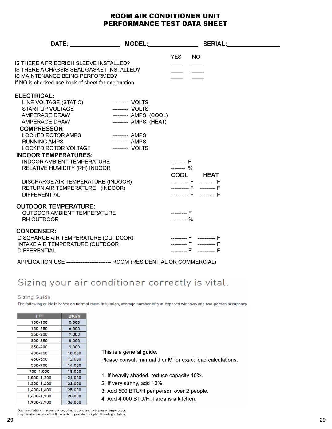 Friedrich EQ08M11, XQ06M10, XQ05M10, XQ10M10 Room AIR Conditioner Unit Performance Test Data Sheet, Date Model Serial 