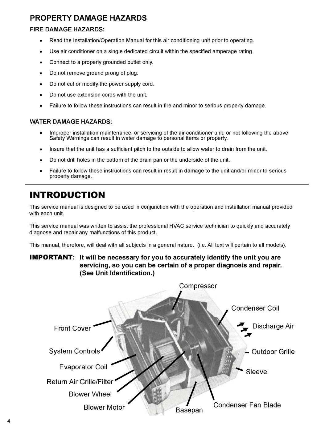 Friedrich EQ08M11, XQ06M10, XQ05M10, XQ10M10, XQ08M10 service manual Introduction, Property Damage Hazards 