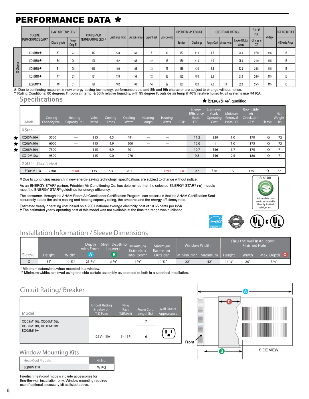 Friedrich XQ05M10, EQ08M11, XQ06M10, XQ10M10, XQ08M10 service manual Performance Data 