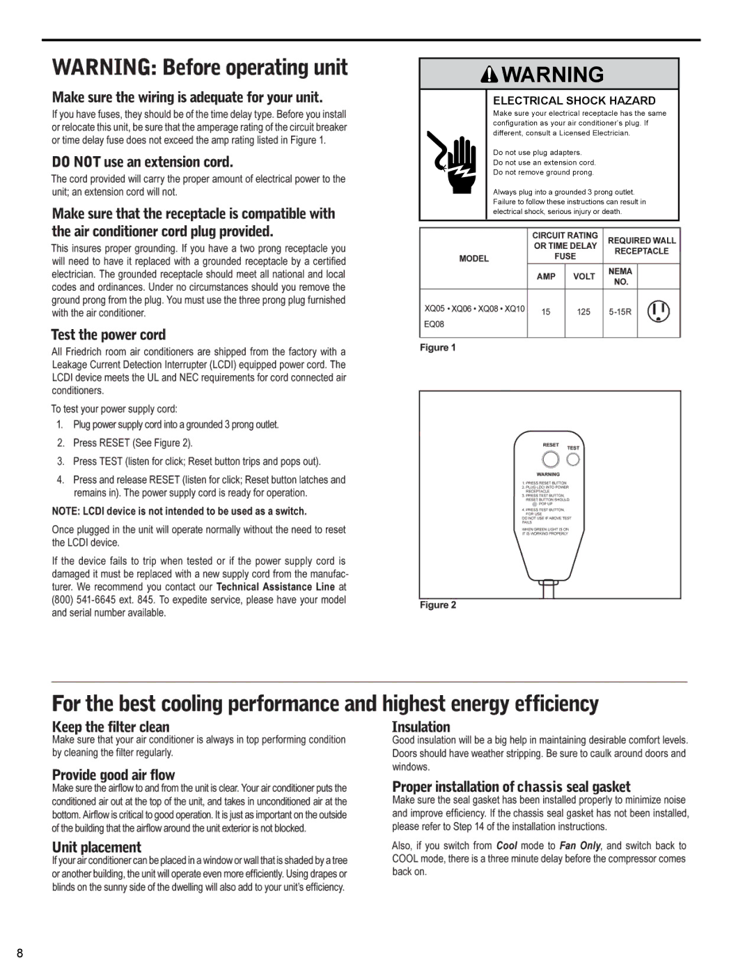 Friedrich XQ08M10, EQ08M11, XQ06M10, XQ05M10, XQ10M10 service manual Electrical Shock Hazard 