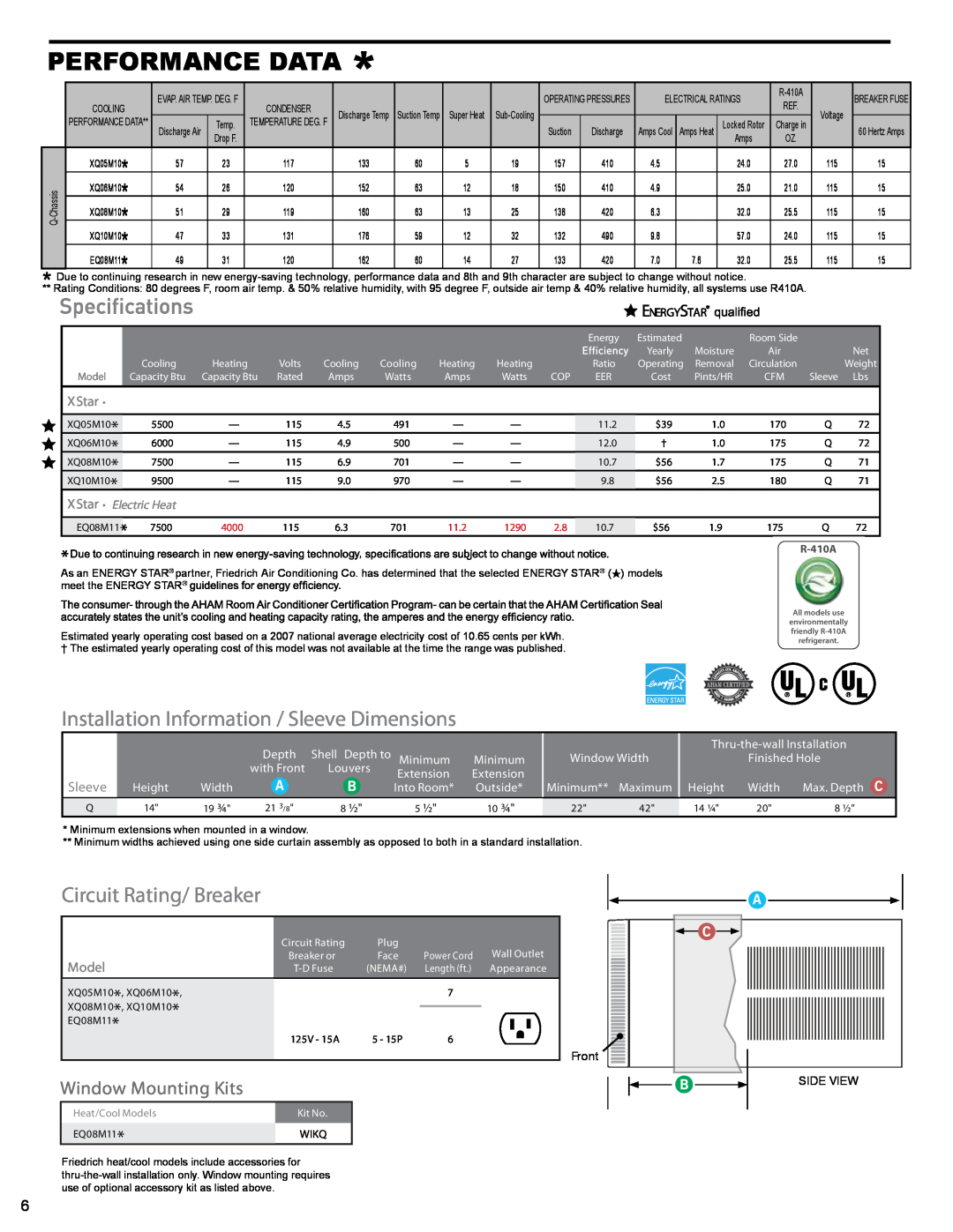 Friedrich XQ05M10 Performance Data, Installation Information / Sleeve Dimensions, Circuit Rating/ Breaker, XStar, Model 