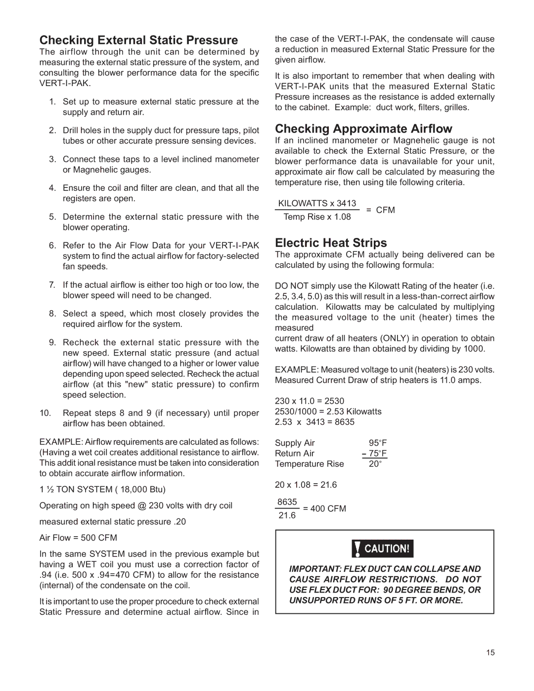 Friedrich V(E, H)A09K25 service manual Checking External Static Pressure, Checking Approximate Airﬂow, Electric Heat Strips 