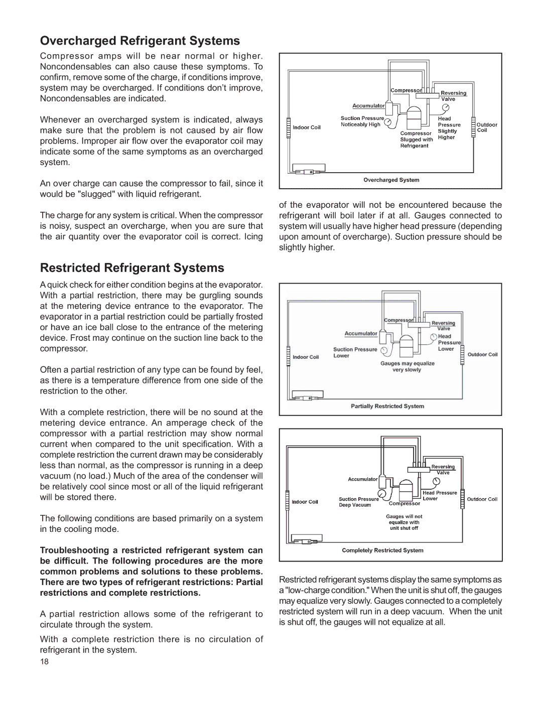 Friedrich H)A09K25, V(E service manual Overcharged Refrigerant Systems, Restricted Refrigerant Systems 