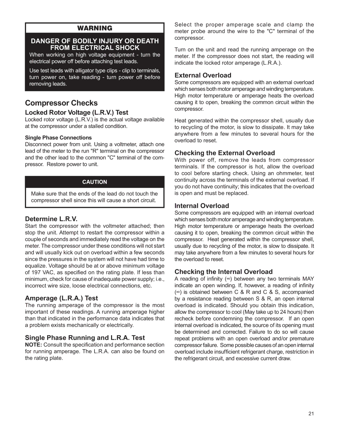 Friedrich V(E, H)A09K25 service manual Compressor Checks, From Electrical Shock 