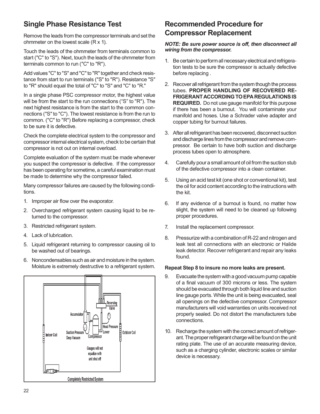 Friedrich H)A09K25, V(E service manual Single Phase Resistance Test, Recommended Procedure for Compressor Replacement 