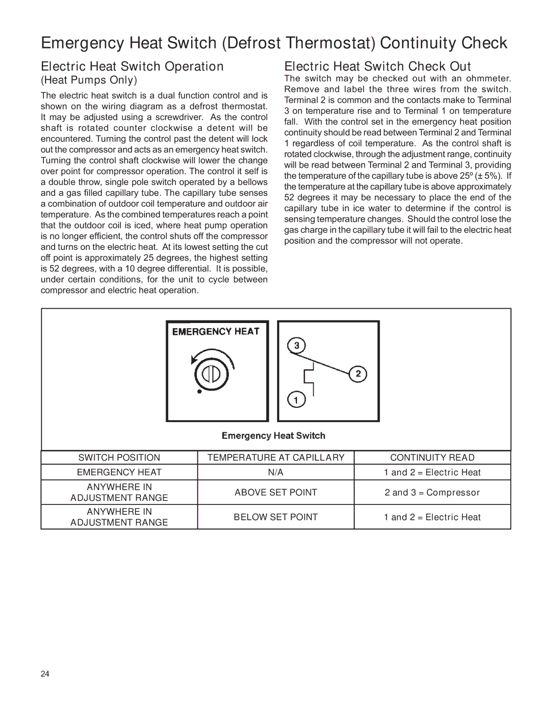 Friedrich H)A09K25, V(E service manual Electric Heat Switch Operation, Electric Heat Switch Check Out 