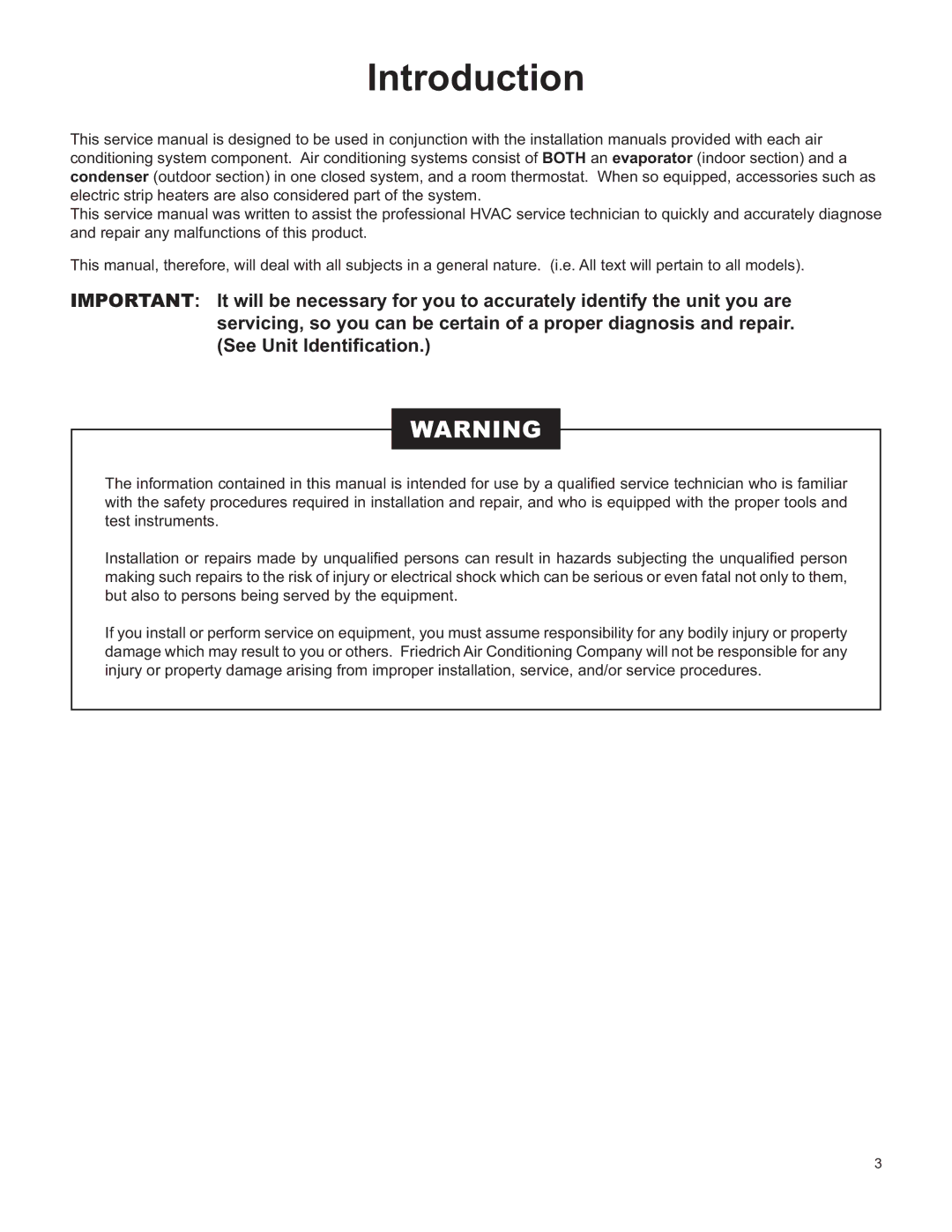 Friedrich V(E, H)A09K25 service manual Introduction 