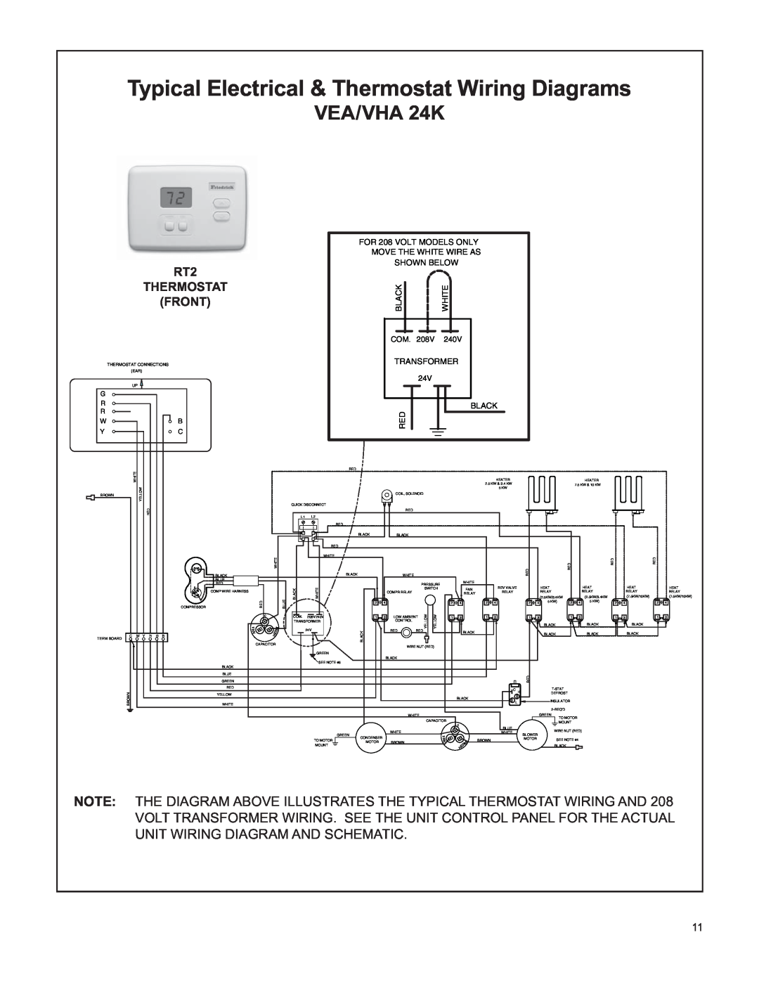 Friedrich V(E Typical Electrical & Thermostat Wiring Diagrams, VEA/VHA 24K, Shown Below, Black, White, Transformer, Com 