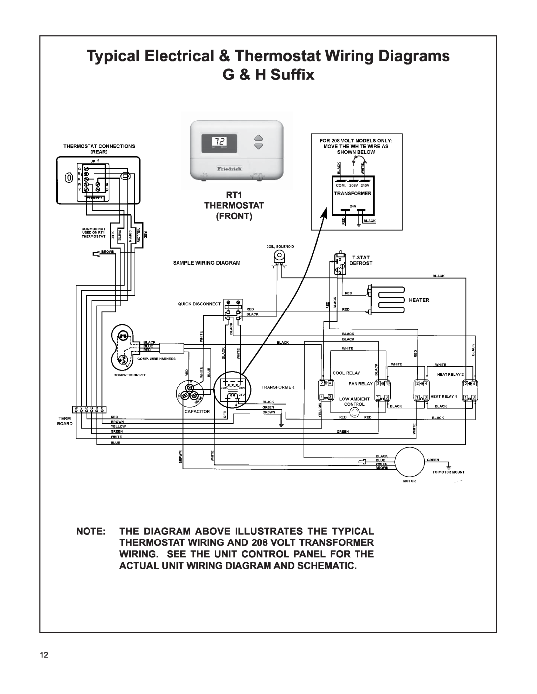 Friedrich H)A09K25, V(E G & H Sufﬁx, Typical Electrical & Thermostat Wiring Diagrams, RT1 THERMOSTAT FRONT, Com 