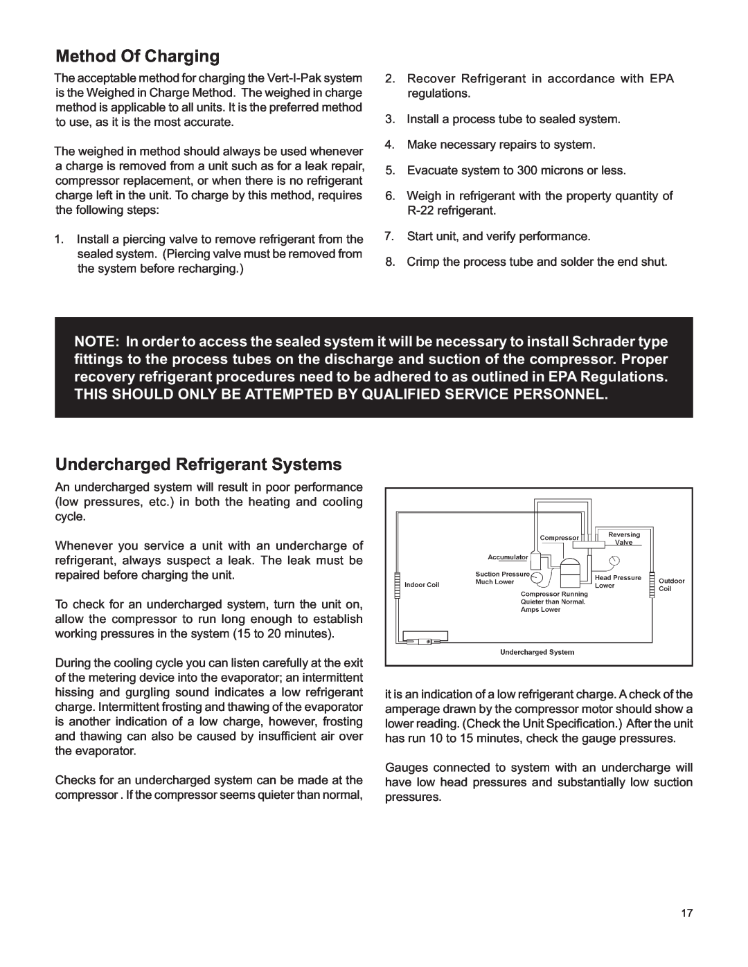 Friedrich V(E, H)A09K25 service manual Method Of Charging, Undercharged Refrigerant Systems 