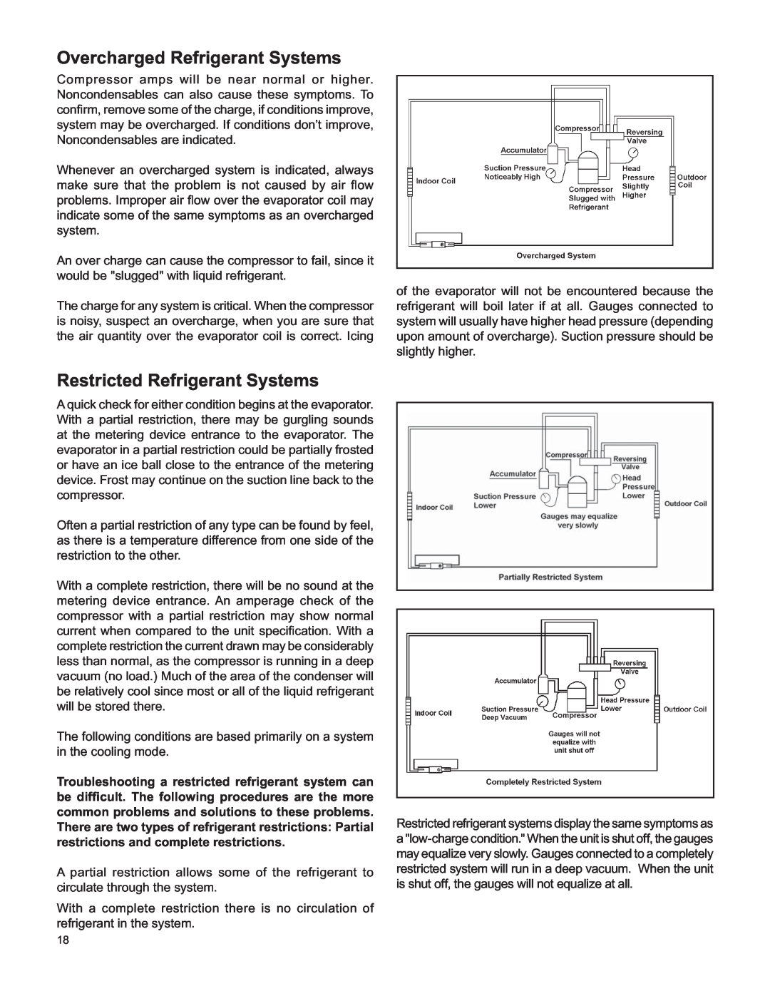 Friedrich H)A09K25, V(E service manual Overcharged Refrigerant Systems, Restricted Refrigerant Systems 