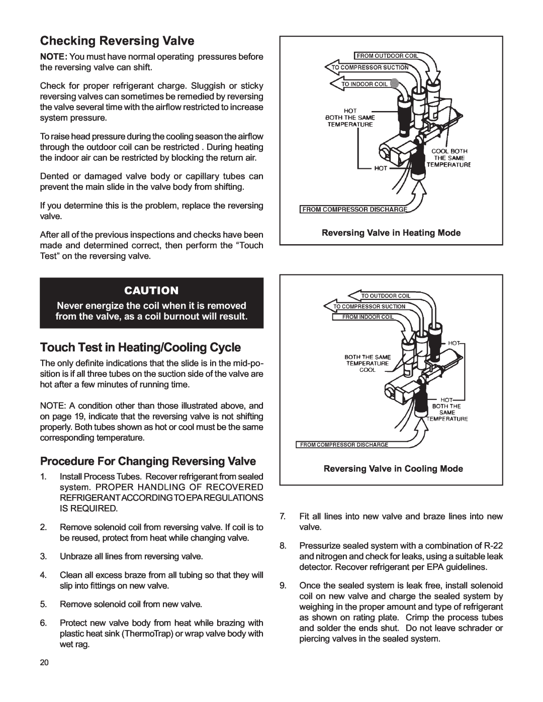Friedrich H)A09K25 Checking Reversing Valve, Touch Test in Heating/Cooling Cycle, Procedure For Changing Reversing Valve 