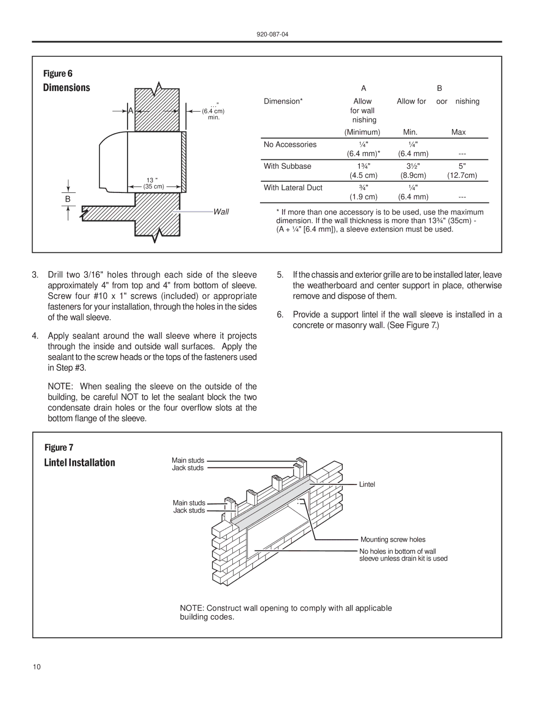 Friedrich HEAT PUMPS manual Dimensions, Lintel Installation 