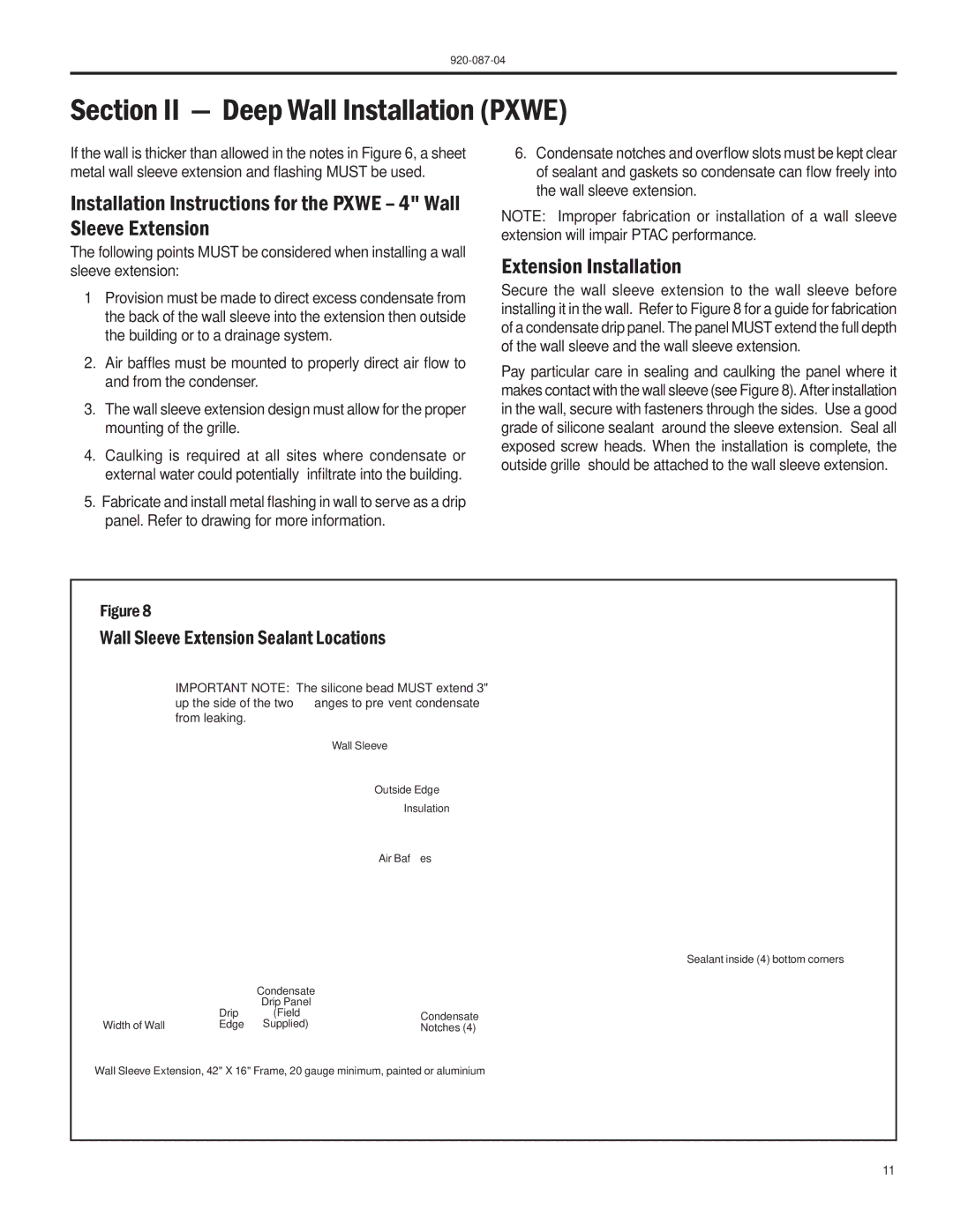 Friedrich HEAT PUMPS manual Section II Deep Wall Installation Pxwe, Extension Installation 