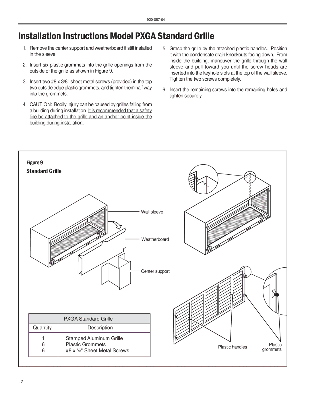 Friedrich HEAT PUMPS manual Installation Instructions Model Pxga Standard Grille 