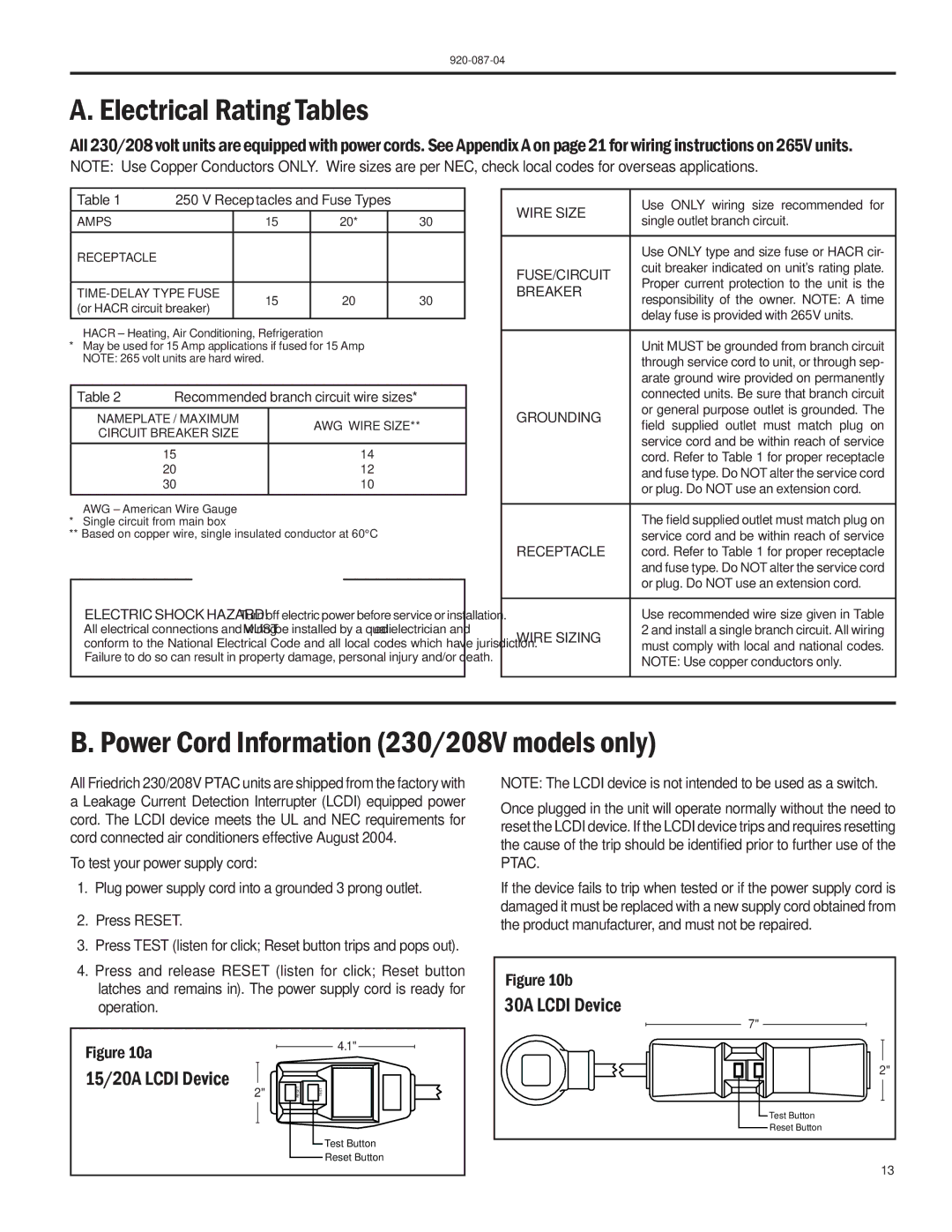 Friedrich HEAT PUMPS manual Electrical Rating Tables, Power Cord Information 230/208V models only, 15/20A Lcdi Device 