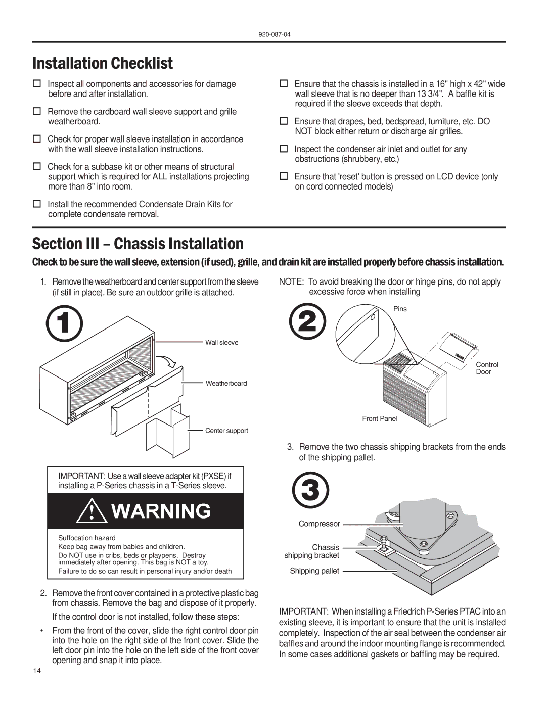 Friedrich HEAT PUMPS manual Installation Checklist, Section III Chassis Installation 